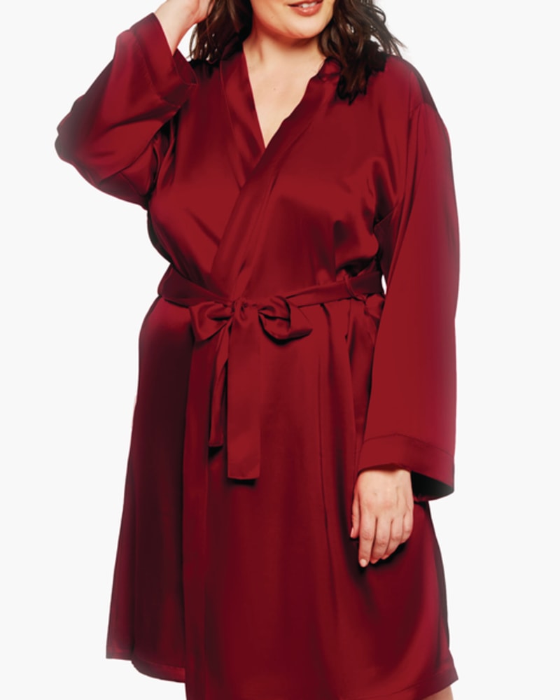 Front of a model wearing a size 1X Gina Satin Robe in Burgundy by iCollection. | dia_product_style_image_id:253852